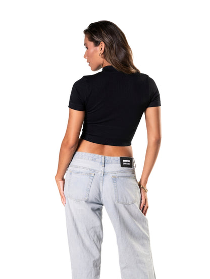 Haut court côtelé sans couture à manches courtes avec zip frontal